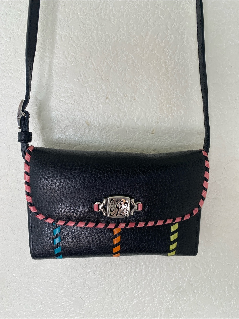 Brighton Black Leather Crossbody Organizer Wallet Multicolor Whipstitch NWOT